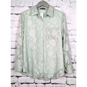 PRETTY GARDEN Boho Artsy Cottage Jacquard Floral Shirt Green Feminine Large NWT